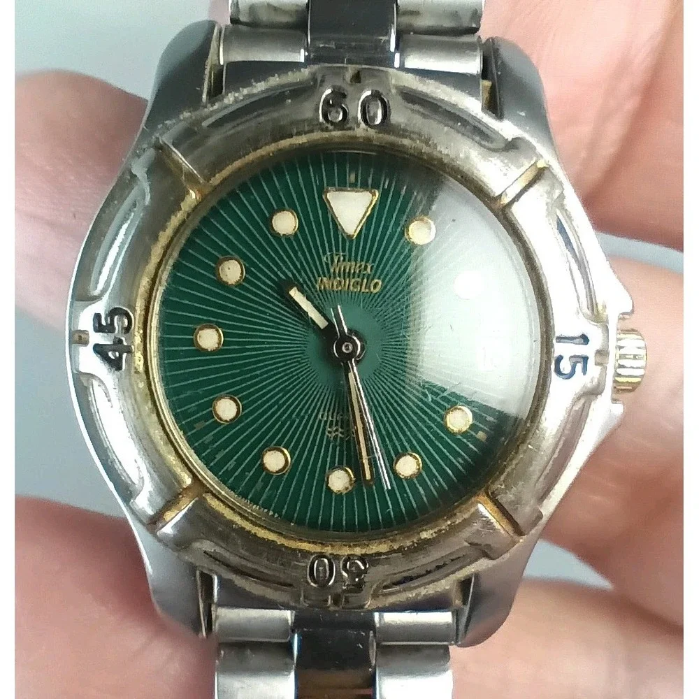 Timex Indiglo Women Silver Tone Green Dial Date Stainless Steel Band Working